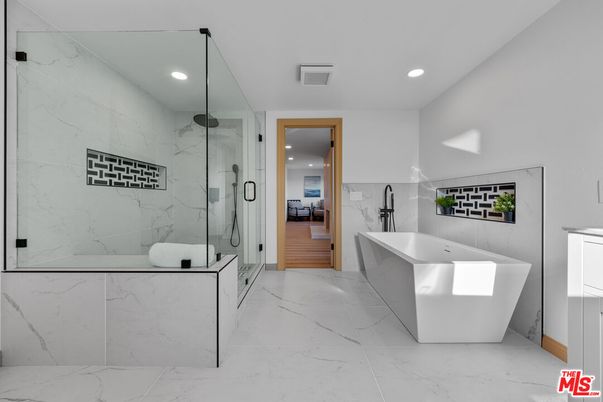 Bathroom, Free Standing Baths, Glass Shower, Interior, Marble, Marble Walls, Recessed Lighting