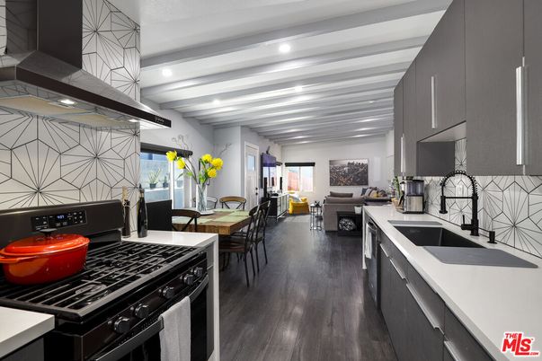 Dining room, Interior, Kitchen, Living room, Recessed Lighting, Stainless Steel Appliances, Wood Texture Flooring