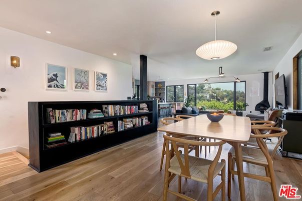 Dining room, Fireplace, Interior, Pendant Lights, Recessed Lighting, Wood Texture Flooring