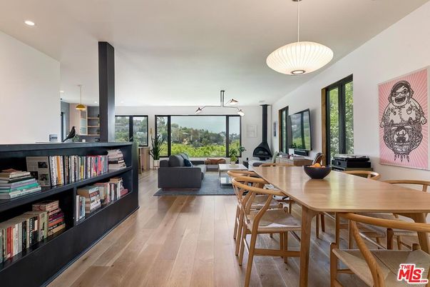 Dining room, Fireplace, Interior, Living room, Pendant Lights, Recessed Lighting, Wood Texture Flooring