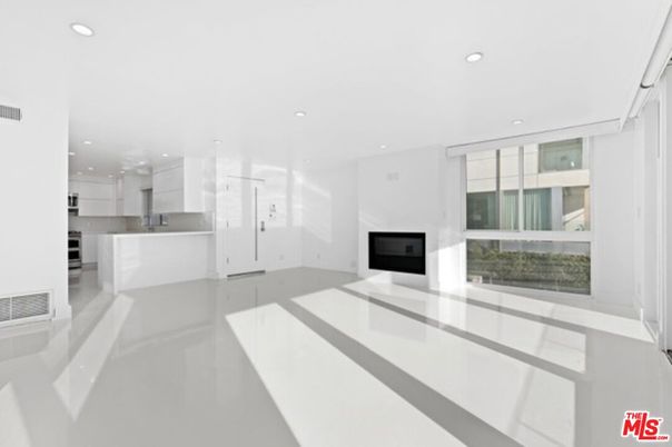 Empty room, Fireplace, Interior, Kitchen, Recessed Lighting, Stainless Steel Appliances