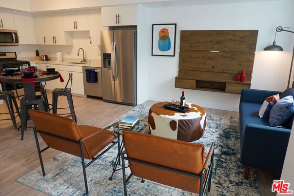 Dining room, Interior, Kitchen, Living room, Stainless Steel Appliances, Wood Texture Flooring