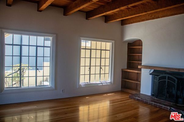 Empty room, Fireplace, Interior, Wooden Beams, Wooden Ceilings, Wood Texture Flooring
