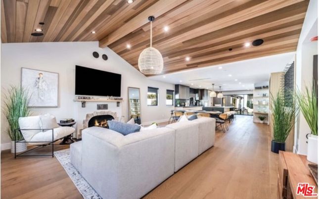 Dining room, Fireplace, Interior, Kitchen, Living room, Pendant Lights, Recessed Lighting, Wooden Beams, Wooden Ceilings, Wood Texture Flooring