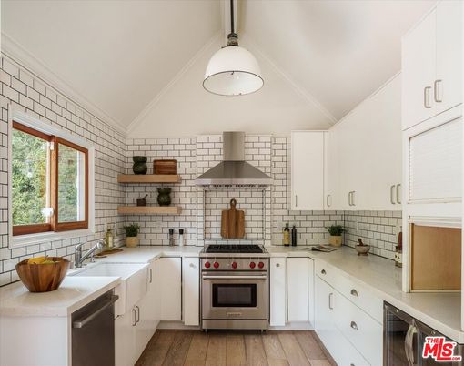 Interior, Kitchen, Pendant Lights, Stainless Steel Appliances, Stone Walls, Wood Texture Flooring