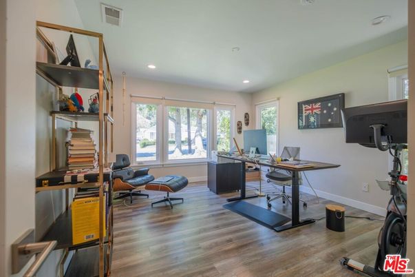 Fitness Equipment, Home Office, Interior, Recessed Lighting, Wood Texture Flooring