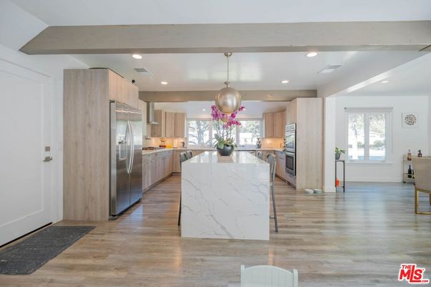 Interior, Kitchen, Marble Walls, Pendant Lights, Recessed Lighting, Stainless Steel Appliances, Wooden Beams, Wood Texture Flooring