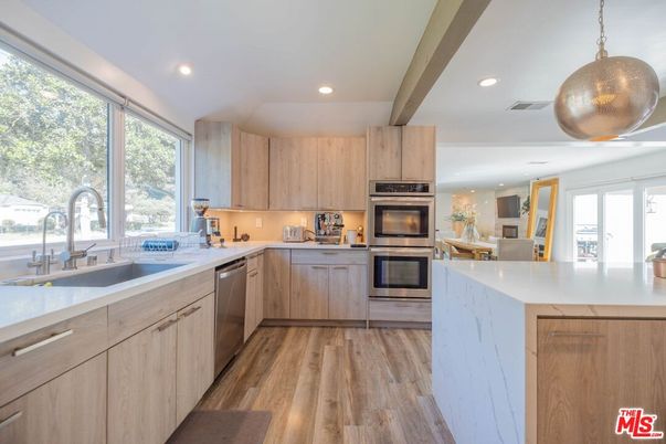 Interior, Kitchen, Pendant Lights, Recessed Lighting, Stainless Steel Appliances, Wood Texture Flooring