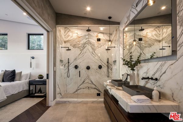 Bathroom, Bedroom, Glass Shower, Interior, Marble Walls, Recessed Lighting, Wood Texture Flooring
