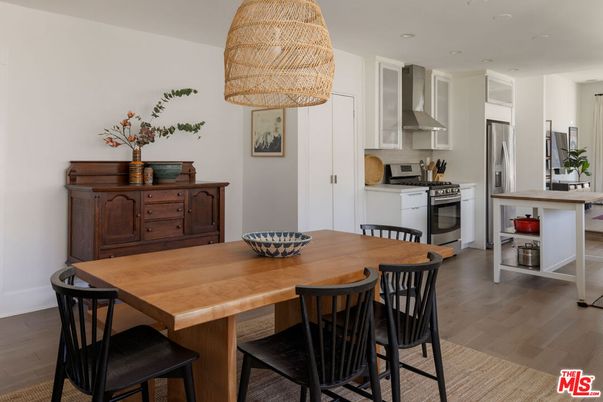 Dining room, Interior, Kitchen, Recessed Lighting, Stainless Steel Appliances, Wood Texture Flooring