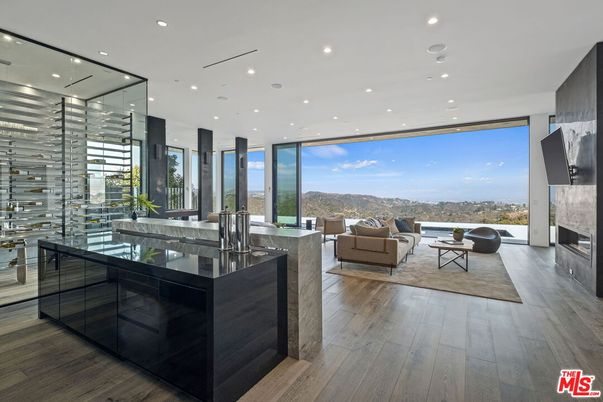 Interior, Living room, Recessed Lighting, Wine Storage, Wood Texture Flooring