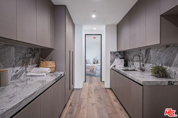 Bedroom, Interior, Marble Walls, Recessed Lighting, Wood Texture Flooring
