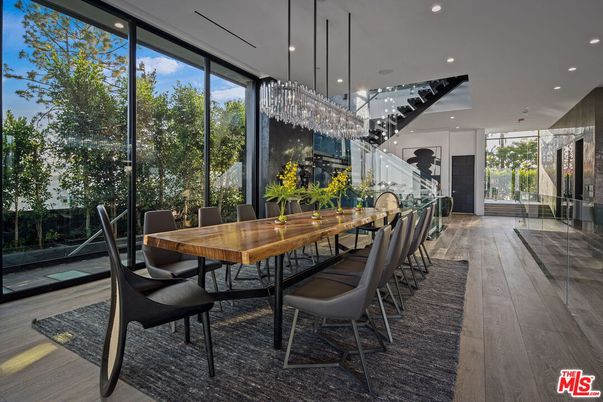 Chandelier, Dining room, Interior, Pendant Lights, Recessed Lighting, Wood Texture Flooring