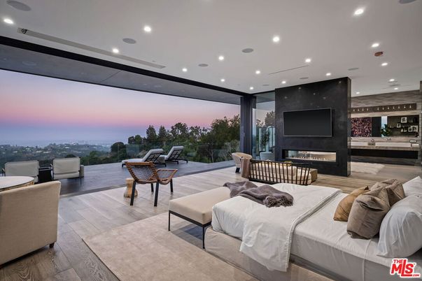 Bedroom, Fireplace, Interior, Recessed Lighting, Wood Texture Flooring