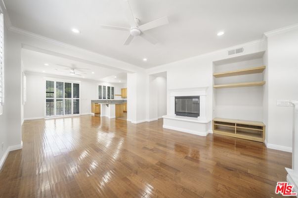 Empty room, Fireplace, Interior, Recessed Lighting, Wood Texture Flooring