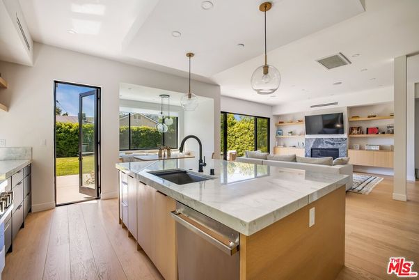 Fireplace, Interior, Kitchen, Living room, Pendant Lights, Recessed Lighting, Wood Texture Flooring