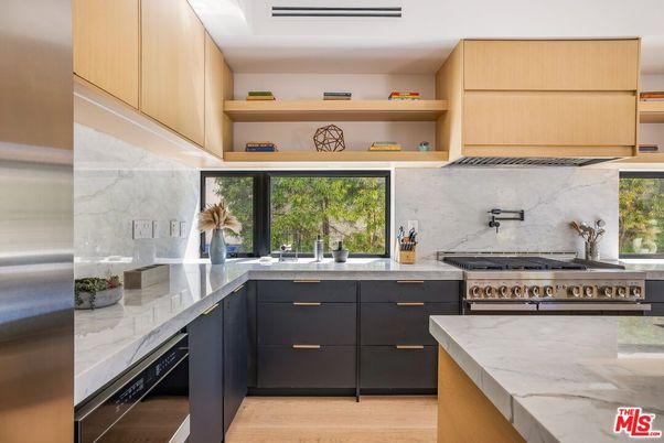 Interior, Kitchen, Marble Walls, Stainless Steel Appliances, Wood Texture Flooring