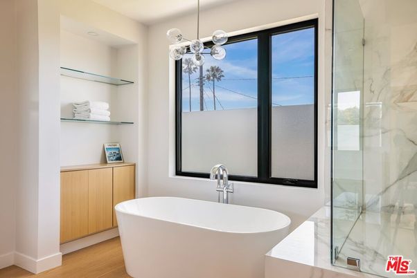 Bathroom, Free Standing Baths, Glass Shower, Interior, Marble Walls, Pendant Lights, Wood Texture Flooring