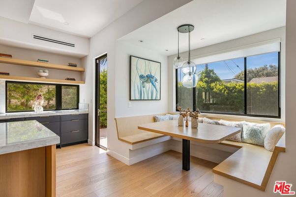 Dining room, Interior, Pendant Lights, Recessed Lighting, Wood Texture Flooring