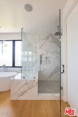 Bathroom, Free Standing Baths, Glass Shower, Interior, Marble Walls, Wood Texture Flooring