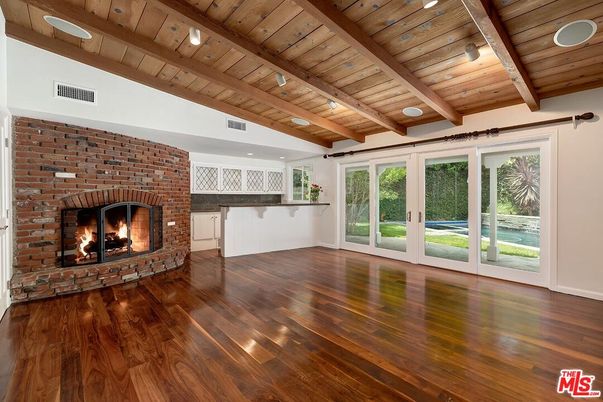 Empty room, Fireplace, Interior, Recessed Lighting, Stone Walls, Wooden Beams, Wooden Ceilings, Wood Texture Flooring