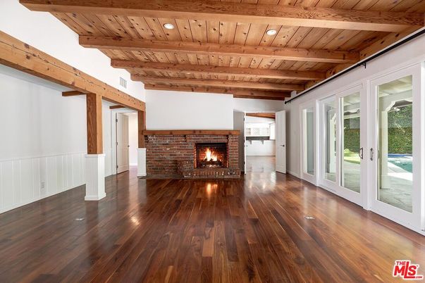 Empty room, Fireplace, Interior, Wooden Beams, Wooden Ceilings, Wood Texture Flooring