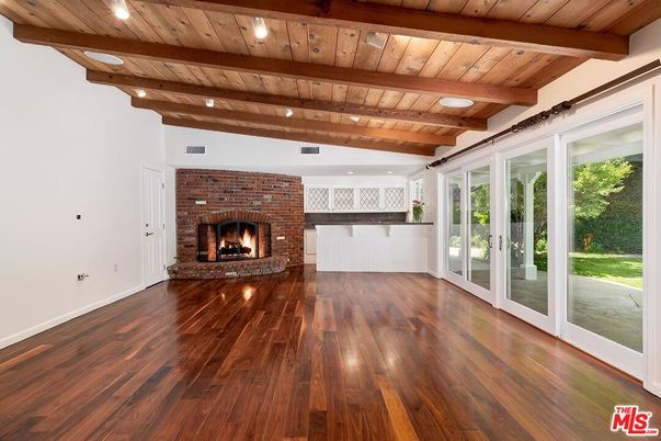 Empty room, Fireplace, Interior, Recessed Lighting, Stone Walls, Wooden Beams, Wooden Ceilings, Wood Texture Flooring