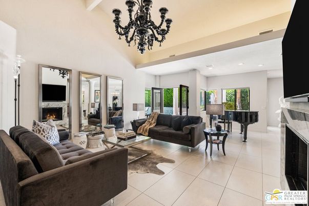 Chandelier, Fireplace, Interior, Living room, Piano, Recessed Lighting