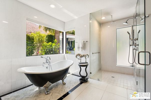 Bathroom, Free Standing Baths, Glass Shower, Interior, Marble Walls, Recessed Lighting