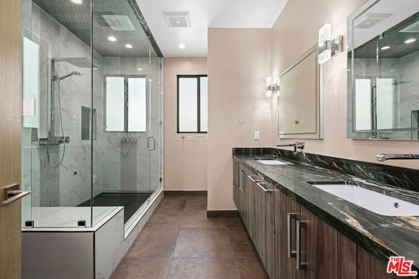 Bathroom, Dual Sink Vanities, Glass Shower, Interior, Marble Walls, Recessed Lighting