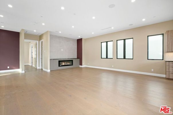 Empty room, Fireplace, Interior, Recessed Lighting, Wood Texture Flooring