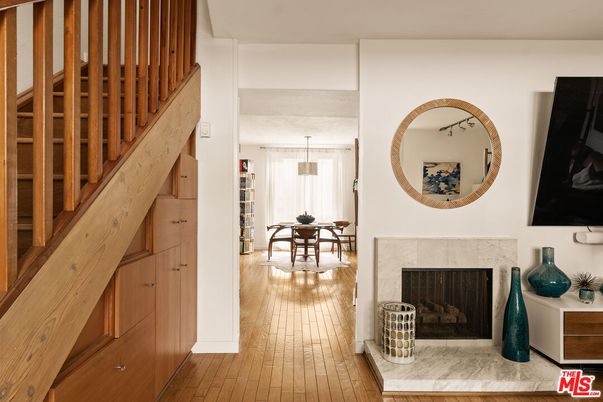 Dining room, Fireplace, Interior, Pendant Lights, Wood Texture Flooring