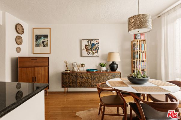 Dining room, Interior, Pendant Lights, Wood Texture Flooring