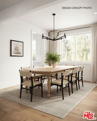 Dining room, Interior, Pendant Lights, Recessed Lighting, Wood Texture Flooring