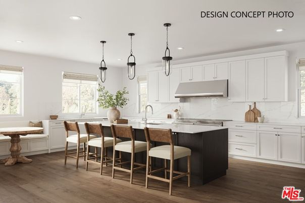 Interior, Kitchen, Marble Walls, Pendant Lights, Recessed Lighting, Wood Texture Flooring