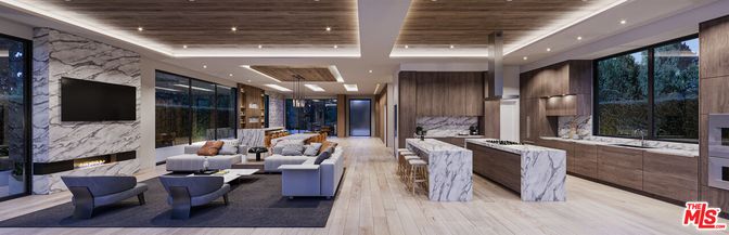 Fireplace, Interior, Kitchen, Living room, Marble Walls, Recessed Lighting, Wooden Ceilings, Wood Texture Flooring
