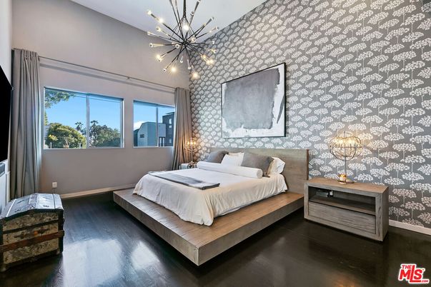 Bedroom, Interior, Pendant Lights, Wood Texture Flooring