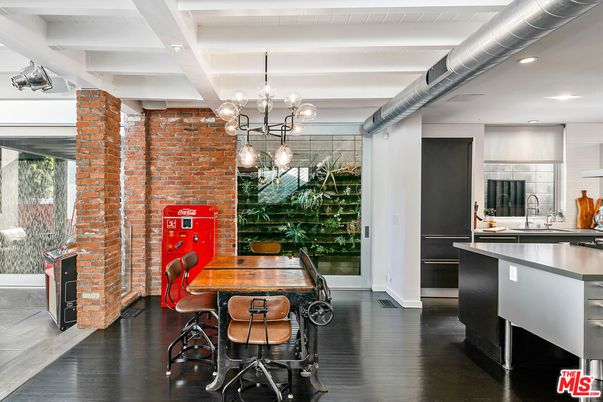 Dining room, Interior, Kitchen, Pendant Lights, Recessed Lighting, Stone Walls, Wood Texture Flooring