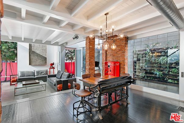 Dining room, Interior, Living room, Pendant Lights, Stone Walls, Wood Texture Flooring