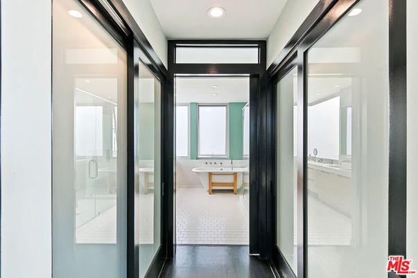 Bathroom, Glass Shower, Interior, Recessed Lighting, Wood Texture Flooring