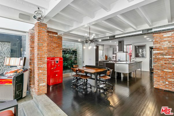Dining room, Interior, Kitchen, Pendant Lights, Recessed Lighting, Stone Walls, Wood Texture Flooring