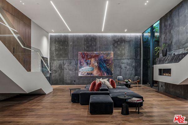 Fireplace, Interior, Living room, Recessed Lighting, Wood Texture Flooring