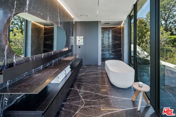 Bathroom, Dual Sink Vanities, Free Standing Baths, Interior, Marble, Marble Walls, Recessed Lighting