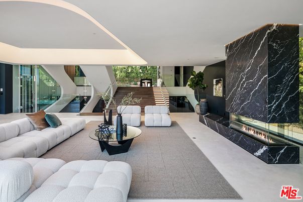 Fireplace, Interior, Living room, Marble Walls, Recessed Lighting