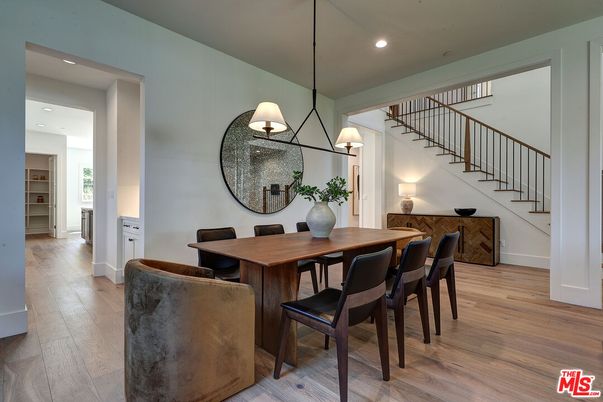 Dining room, Interior, Pendant Lights, Recessed Lighting, Wood Texture Flooring