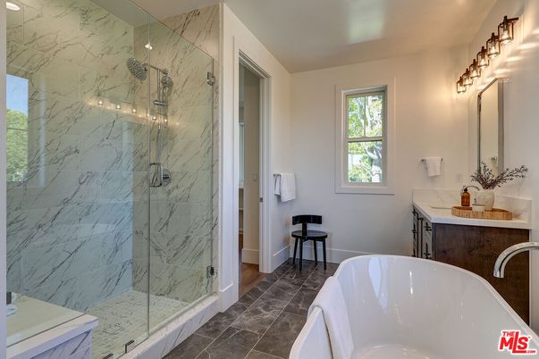 Bathroom, Free Standing Baths, Glass Shower, Interior, Marble Walls