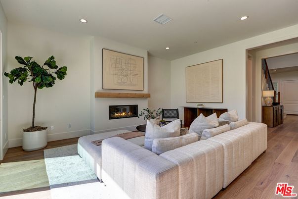 Fireplace, Interior, Living room, Recessed Lighting, Wood Texture Flooring