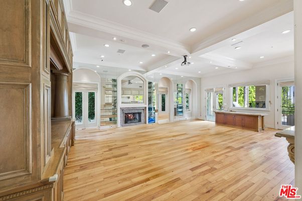 Empty room, Fireplace, Interior, Recessed Lighting, Wood Texture Flooring