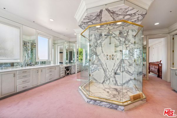 Bathroom, Glass Shower, Interior, Marble Walls, Recessed Lighting