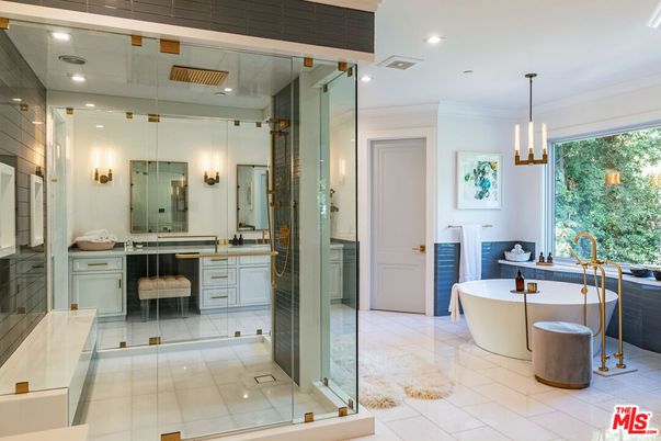 Bathroom, Dual Sink Vanities, Free Standing Baths, Glass Shower, Interior, Pendant Lights, Recessed Lighting